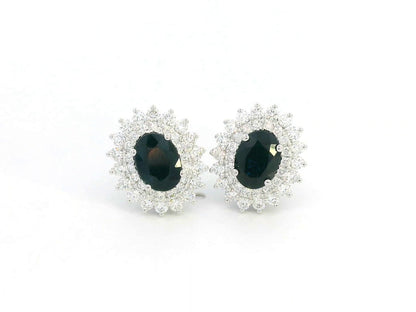 18K white gold earrings with oval blue sapphires (2.12ct) and double diamond halos (0.84ct total)