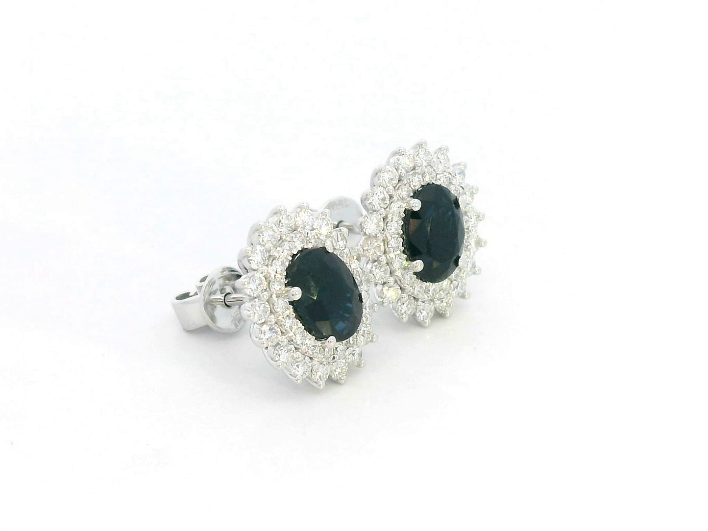 18K white gold earrings with oval blue sapphires (2.12ct) and double diamond halos (0.84ct total)