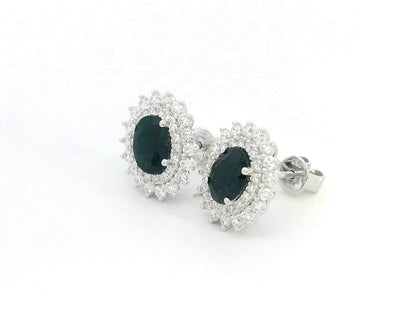 18K white gold earrings with oval blue sapphires (2.12ct) and double diamond halos (0.84ct total)