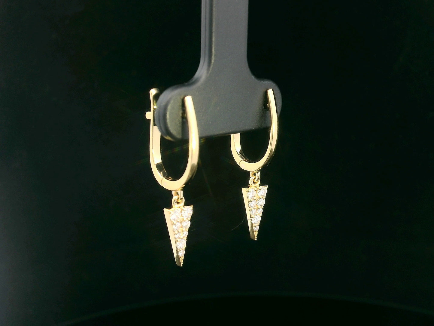 18K yellow gold drop earrings with spike-shaped diamond dangle totaling 0.24 carats