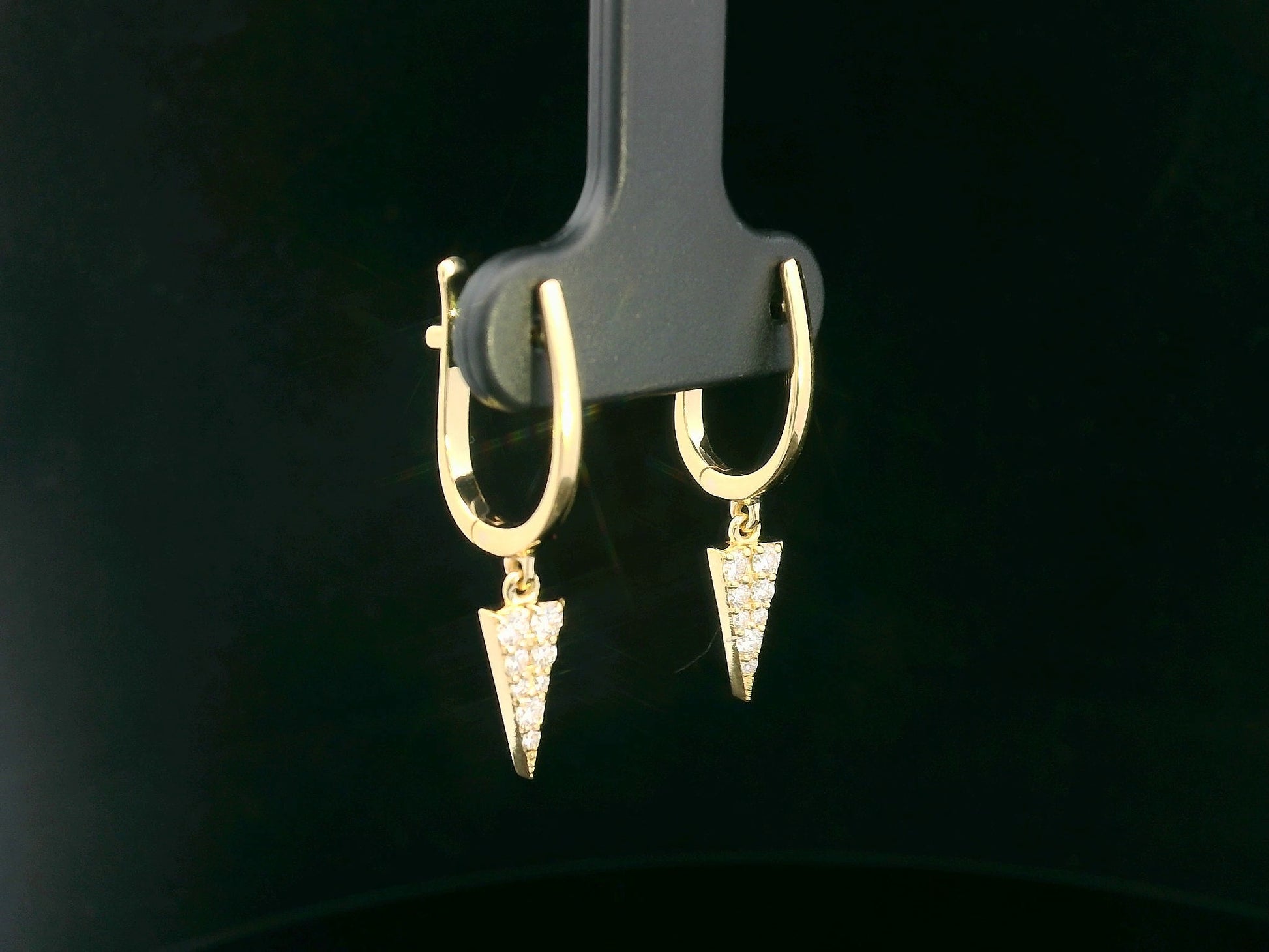 18K yellow gold drop earrings with spike-shaped diamond dangle totaling 0.24 carats