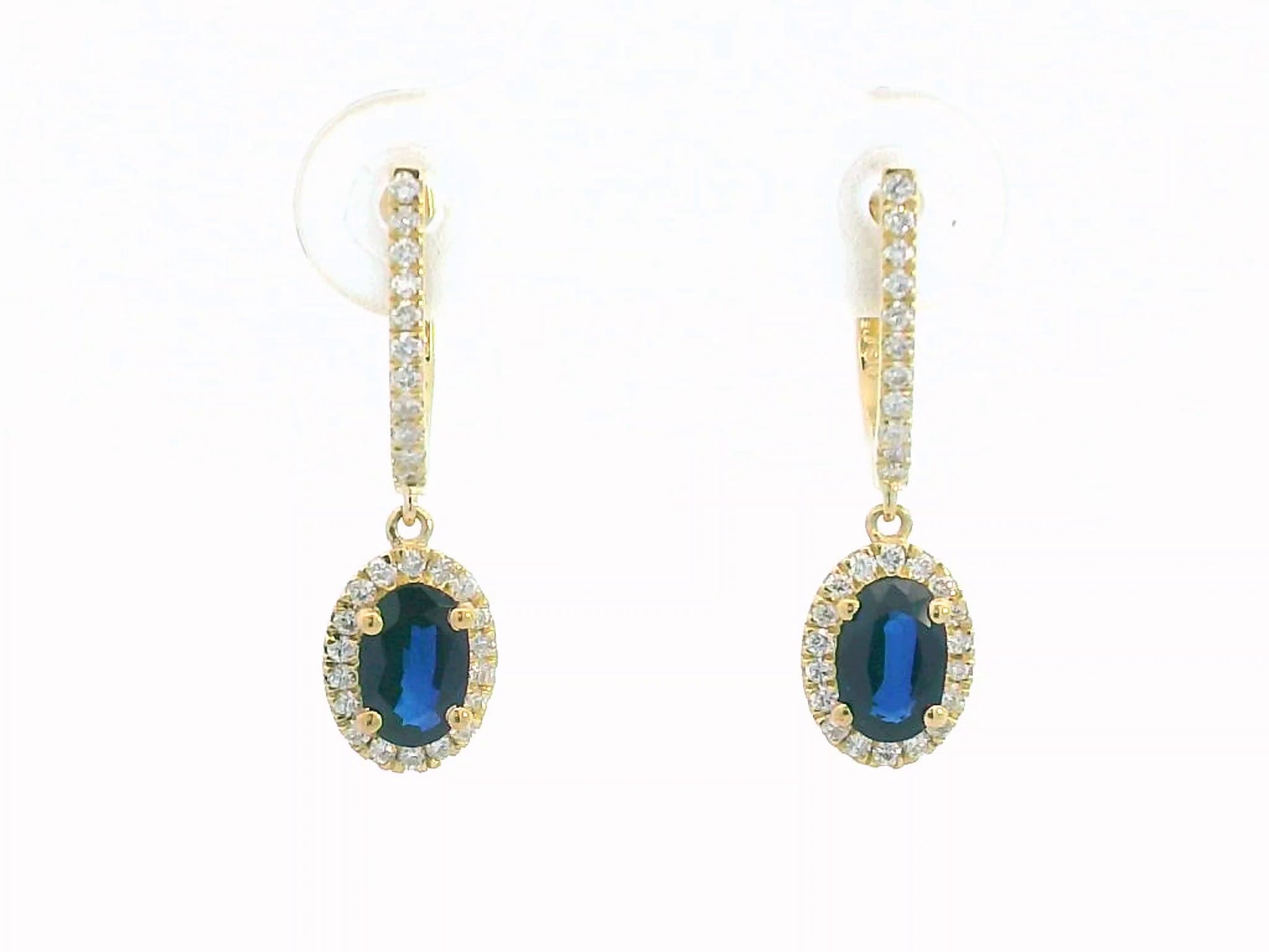 Elegant 18K gold drop earrings with 0.98ct oval blue sapphires and 0.26ct diamond halo and hoop design