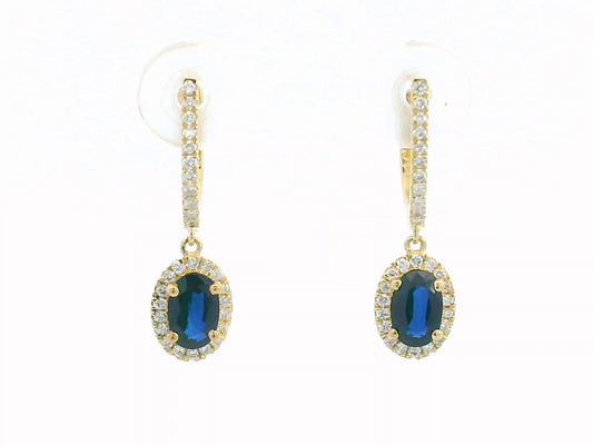 Elegant 18K gold drop earrings with 0.98ct oval blue sapphires and 0.26ct diamond halo and hoop design
