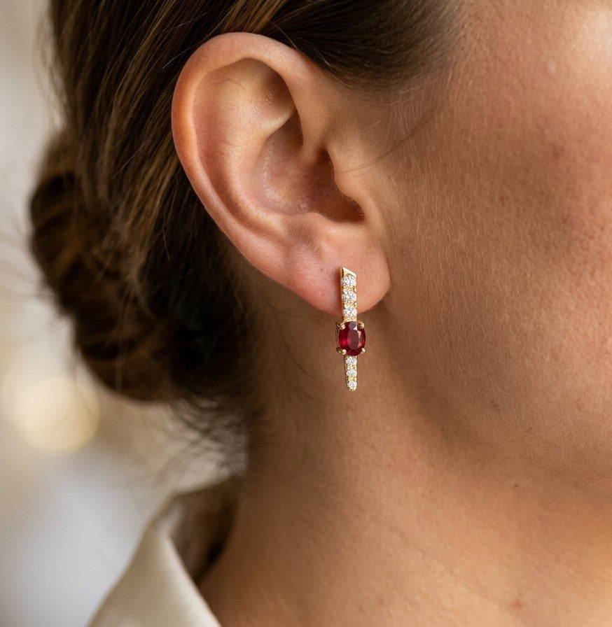 Ruby and Diamond Bar Earrings in 18K Yellow Gold