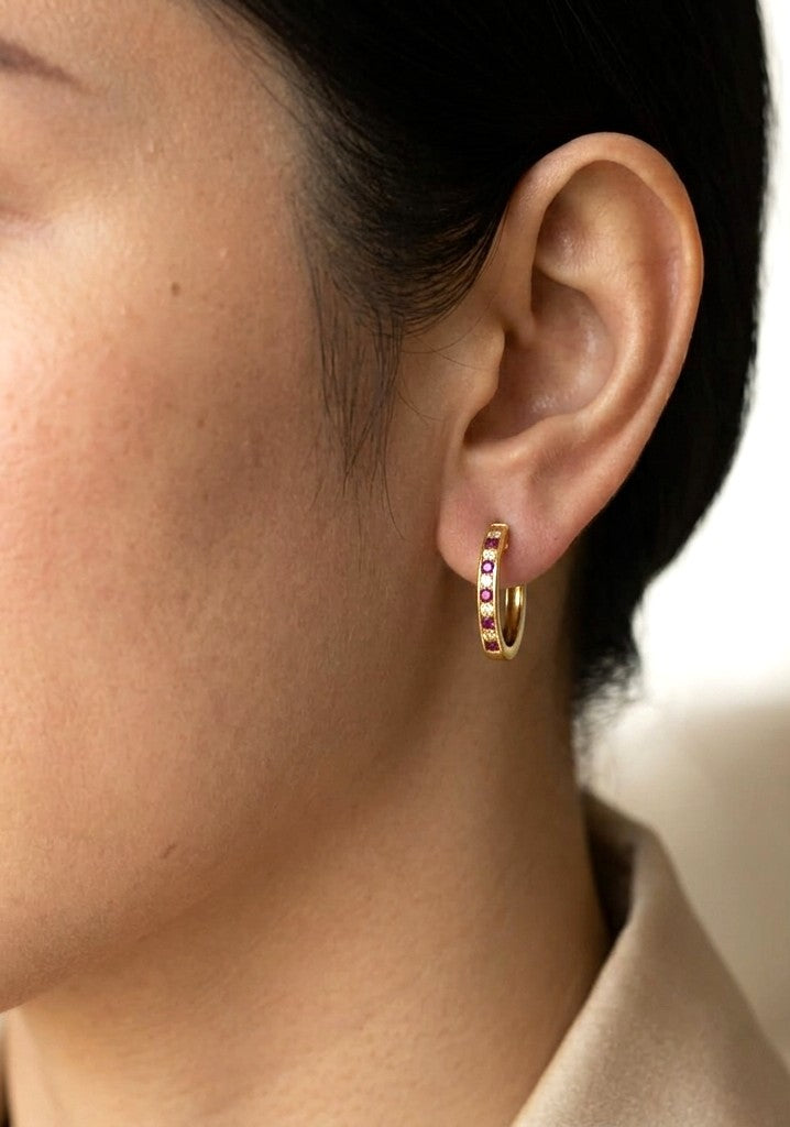 Ruby and diamond hoop earrings in 18K yellow gold with alternating round natural rubies and diamonds