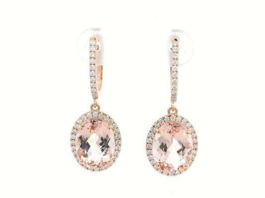 18K Rose Gold Morganite and Diamond Drop Earrings – 7.03ct Morganite with 0.60ct Diamond Halo