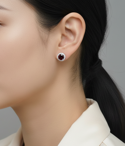 18K rose gold garnet and diamond halo stud earrings – 4.64ct garnet with 0.50ct diamonds by Emirates Diamonds