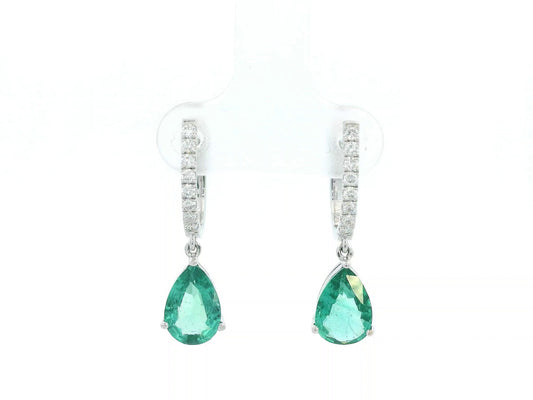 18K white gold drop earrings with pear-shaped emeralds totaling 2.05 carats and 0.22 carats of round diamonds