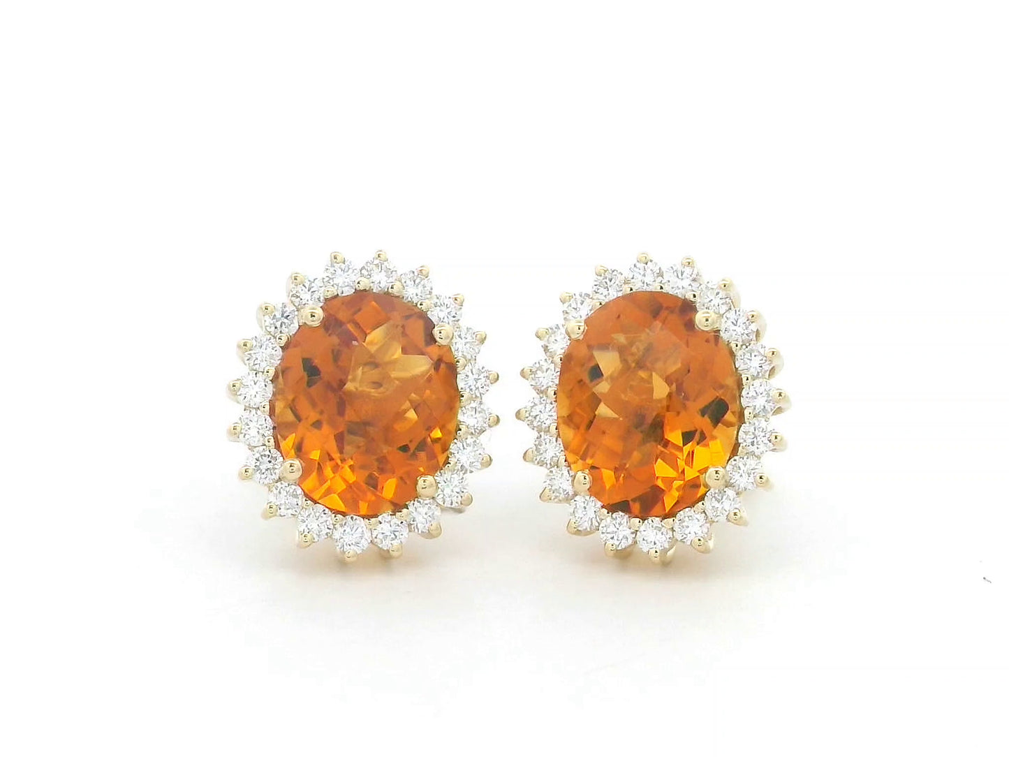 Oval amber-hued citrine stud earrings in 18K yellow gold with diamond sunburst halo – 5.35 carats total