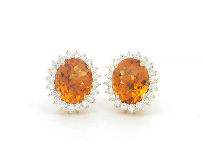 Oval amber-hued citrine stud earrings in 18K yellow gold with diamond sunburst halo – 5.35 carats total