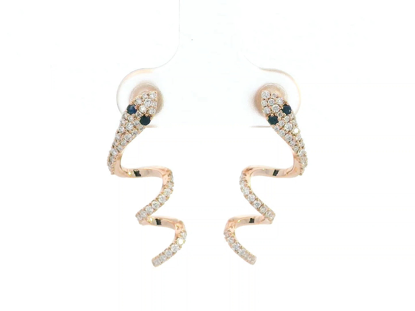 8K rose gold serpent earrings with diamond pavé and sapphire eyes