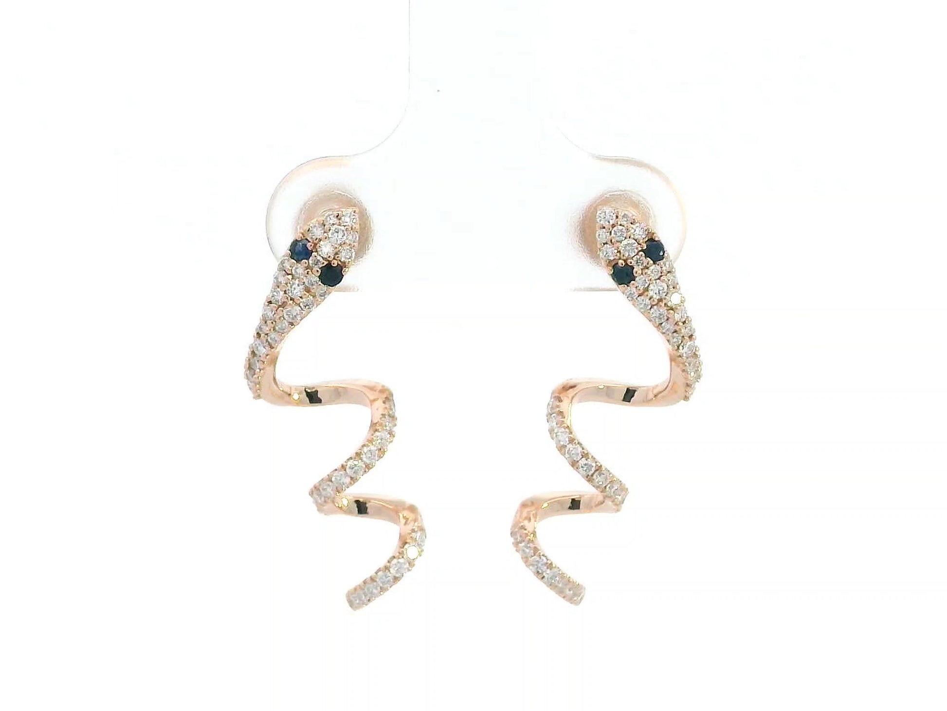8K rose gold serpent earrings with diamond pavé and sapphire eyes