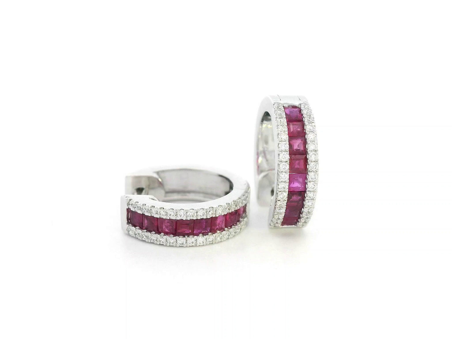18K white gold ruby and diamond hoop earrings with square-cut rubies