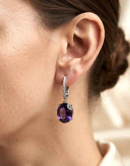 18K white gold amethyst drop earrings with oval purple amethysts and diamond-set hoops