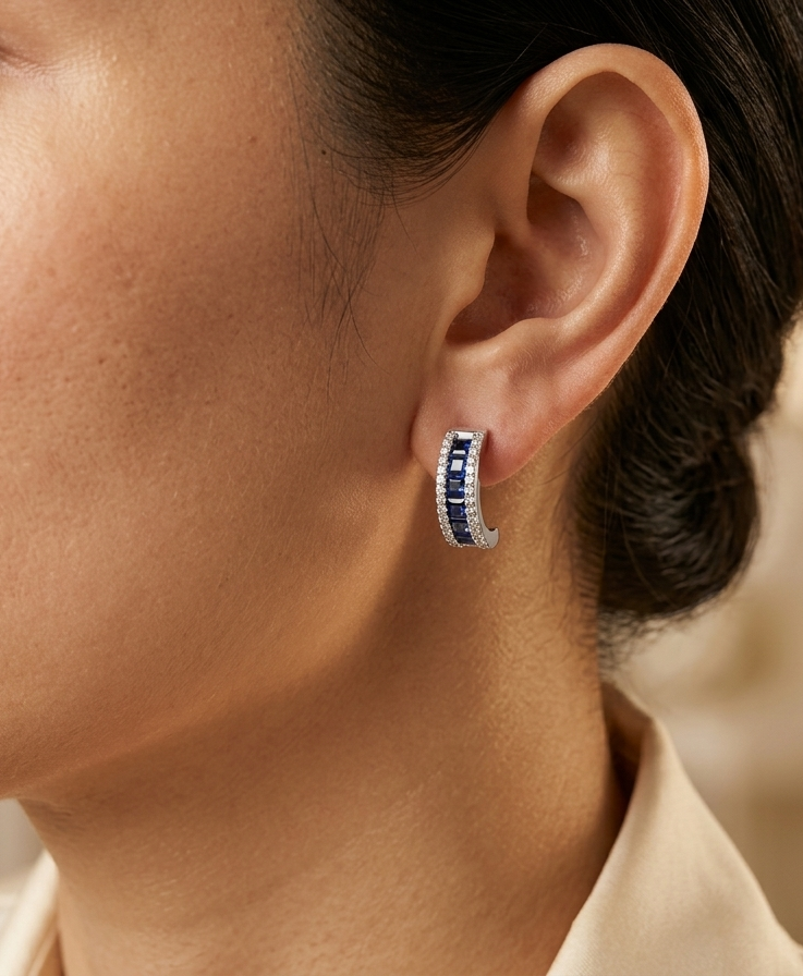 Blue Sapphire Diamond Hoop Earrings in 18K White Gold