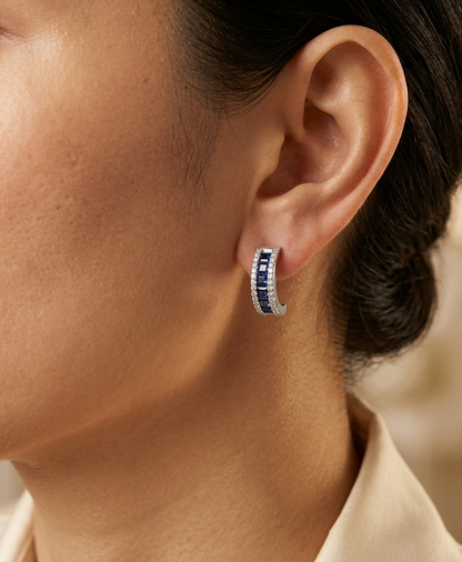 Blue Sapphire Diamond Hoop Earrings in 18K White Gold