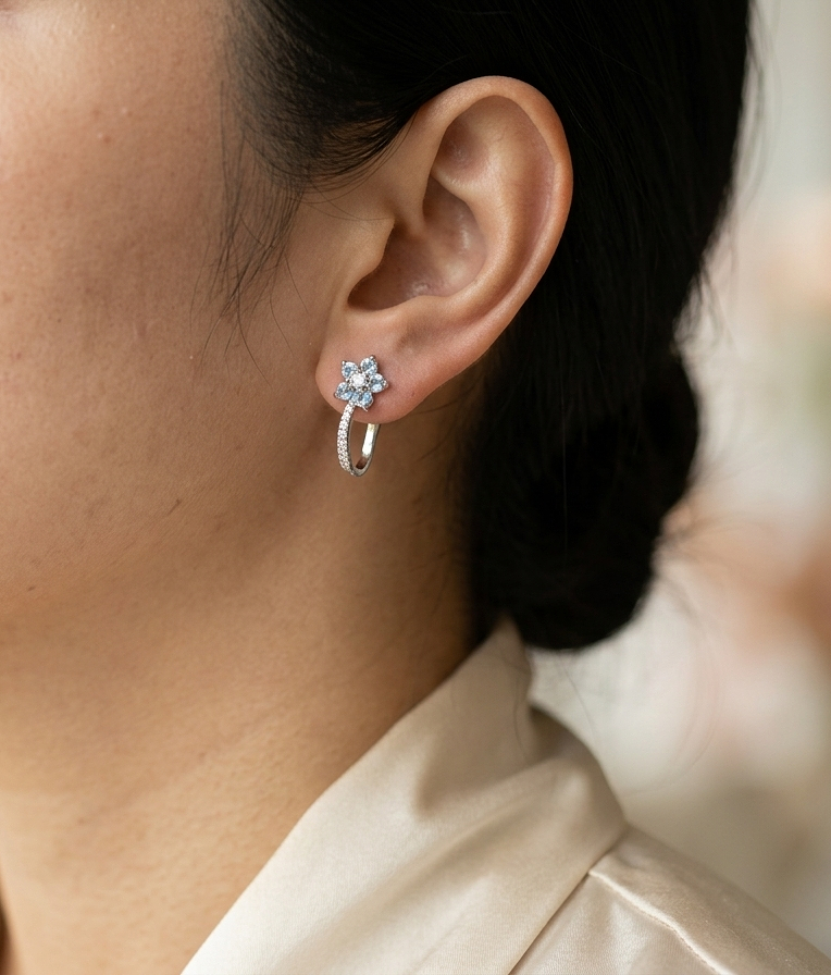 Aquamarine & Diamond Floral Hoop Earrings in 18K White Gold