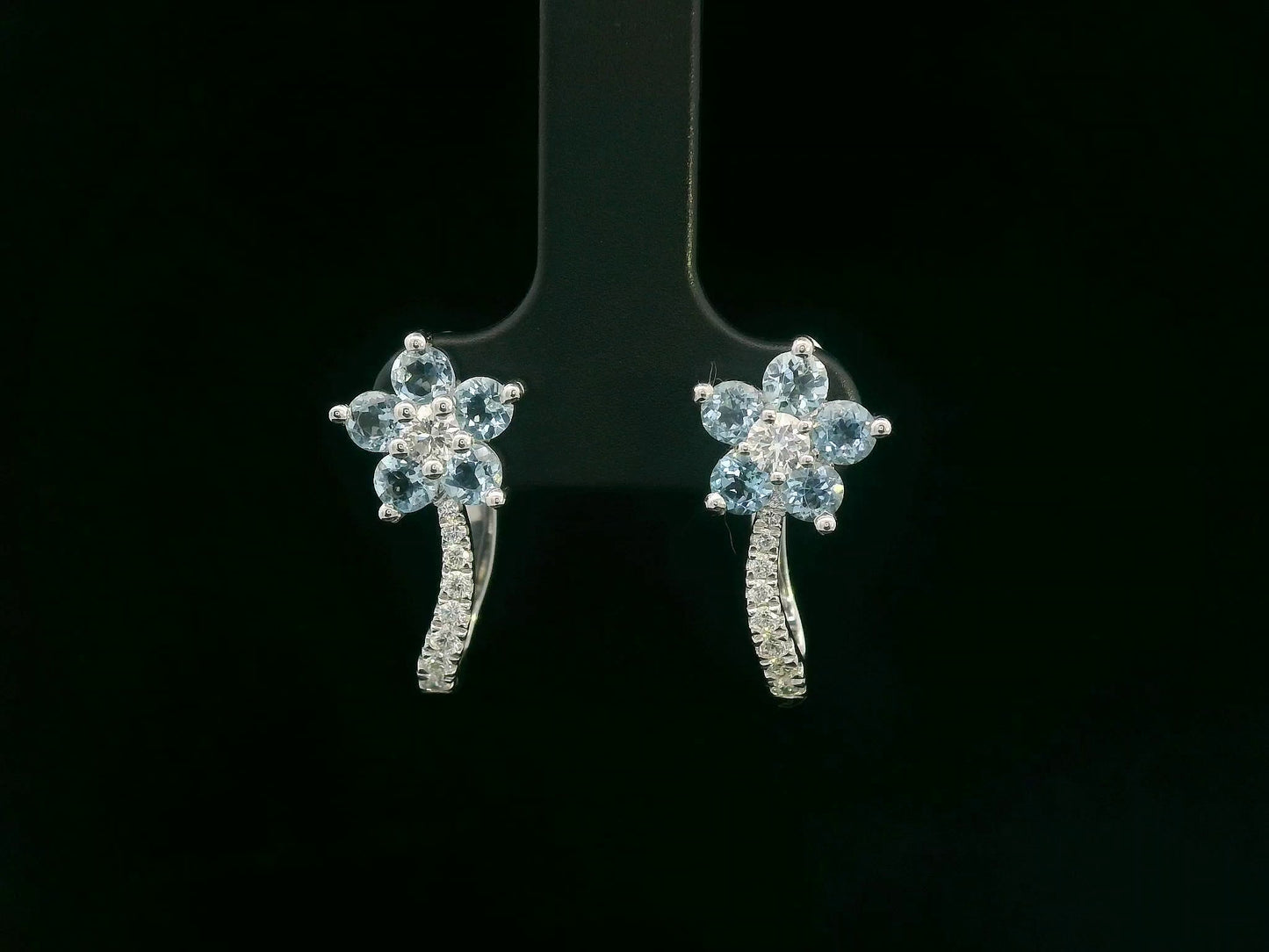 18K white gold aquamarine floral hoop earrings with diamonds