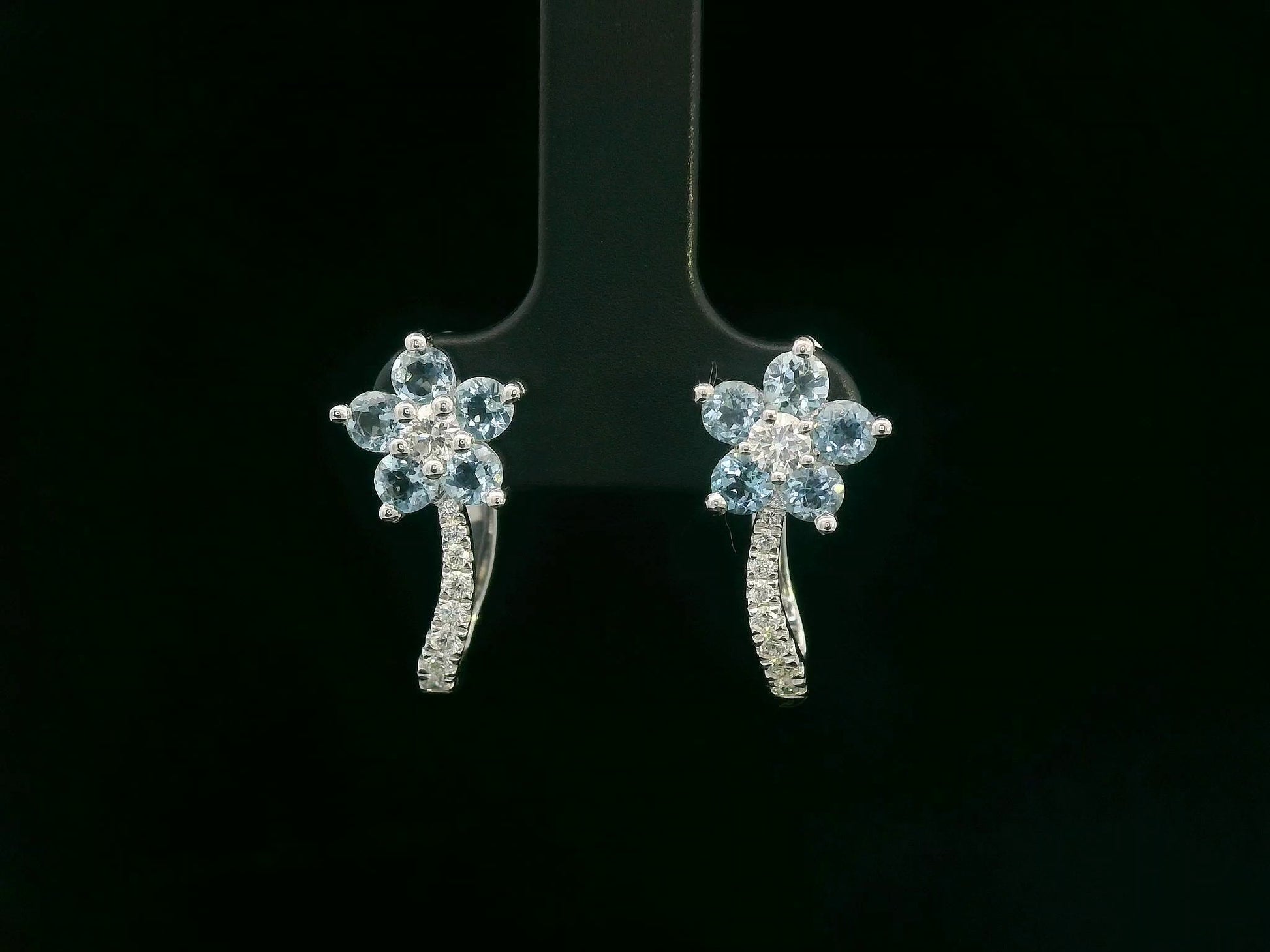18K white gold aquamarine floral hoop earrings with diamonds