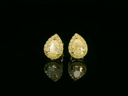 18K yellow gold halo stud earrings with pear-shaped fancy yellow diamonds