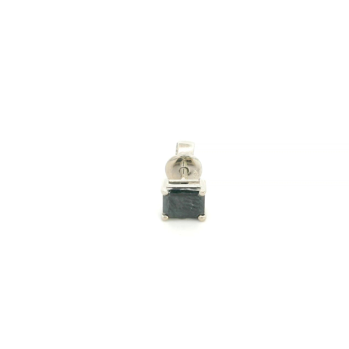 Square black diamond stud earring for men featuring a 0.50 carat black diamond in a four-prong 18K white gold setting, sold individually.