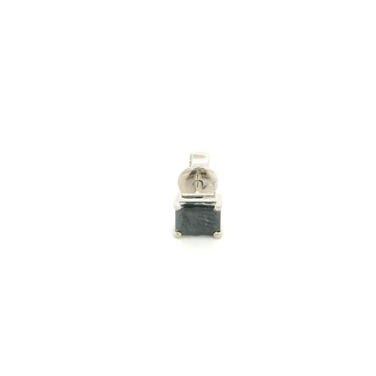 Square black diamond stud earring for men featuring a 0.50 carat black diamond in a four-prong 18K white gold setting, sold individually.