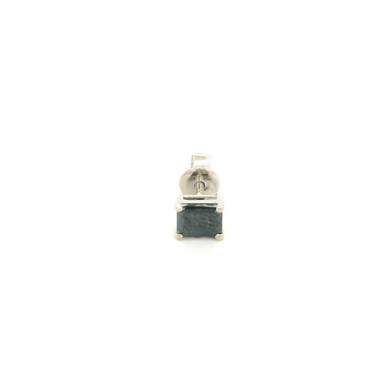 Square black diamond stud earring for men featuring a 0.50 carat black diamond in a four-prong 18K white gold setting, sold individually.