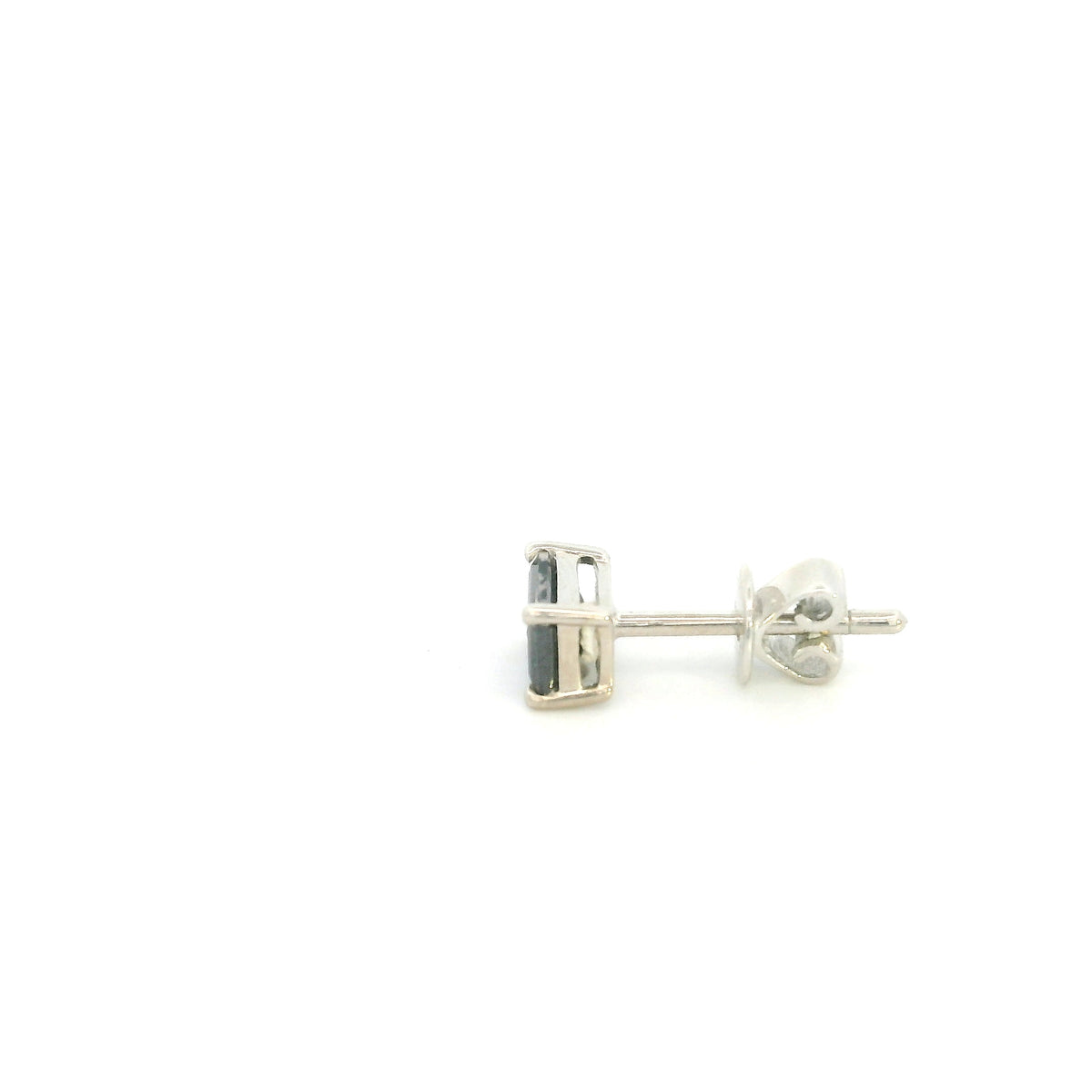 Square black diamond stud earring for men featuring a 0.50 carat black diamond in a four-prong 18K white gold setting, sold individually.