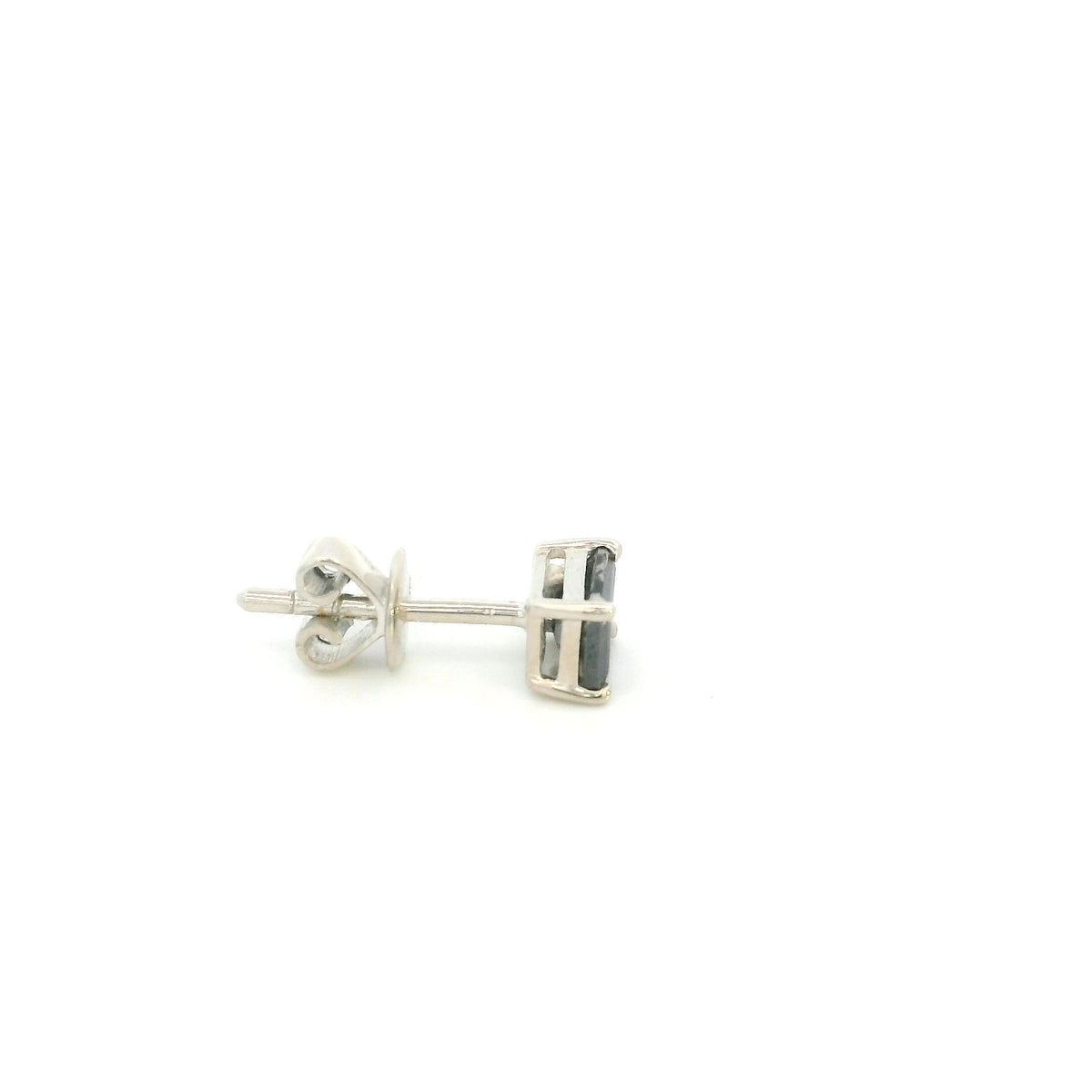 Square black diamond stud earring for men featuring a 0.50 carat black diamond in a four-prong 18K white gold setting, sold individually.