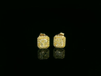 Front view of yellow gold earrings sparkling with radiant-cut fancy yellow diamonds
