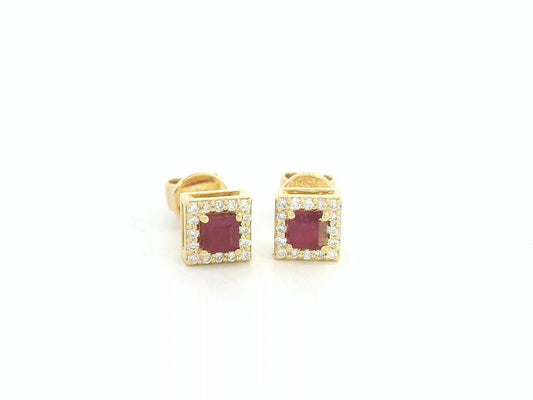 18K yellow gold ruby and diamond halo earrings,