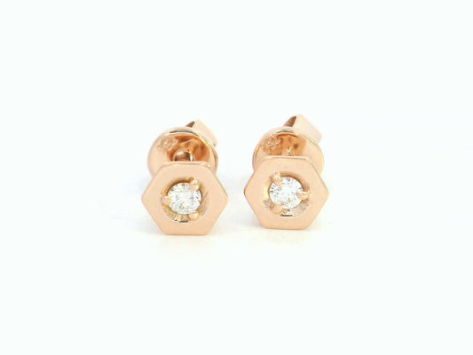 Front view of 18k rose gold hexagon stud earrings with solitaire diamonds