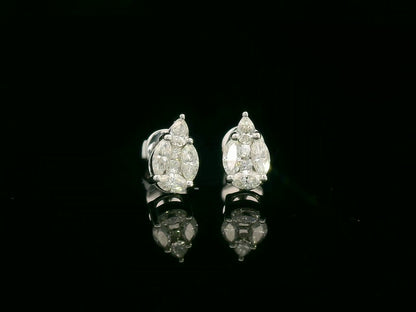 Front view of 18k white gold stud earrings with pear, marquise, and princess-cut diamond cluster