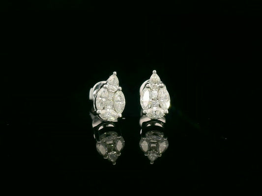 Front view of 18k white gold stud earrings with pear, marquise, and princess-cut diamond cluster