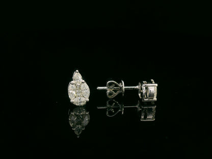 Front view of 18k white gold stud earrings with pear, marquise, and princess-cut diamond cluster