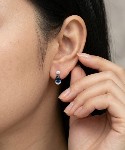 Blue Sapphire and Diamond Drop Earrings in 18K White Gold