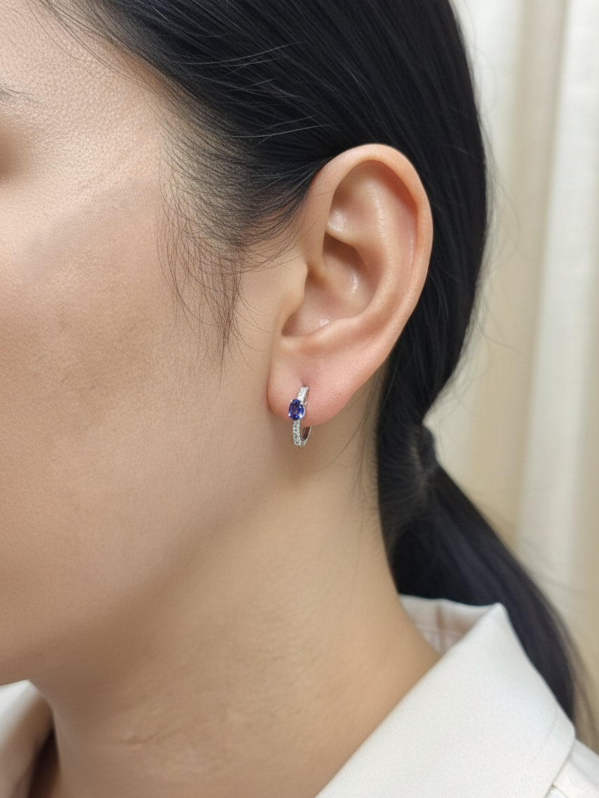 Tanzanite and Diamond Hoop Earrings IN 18K White Gold