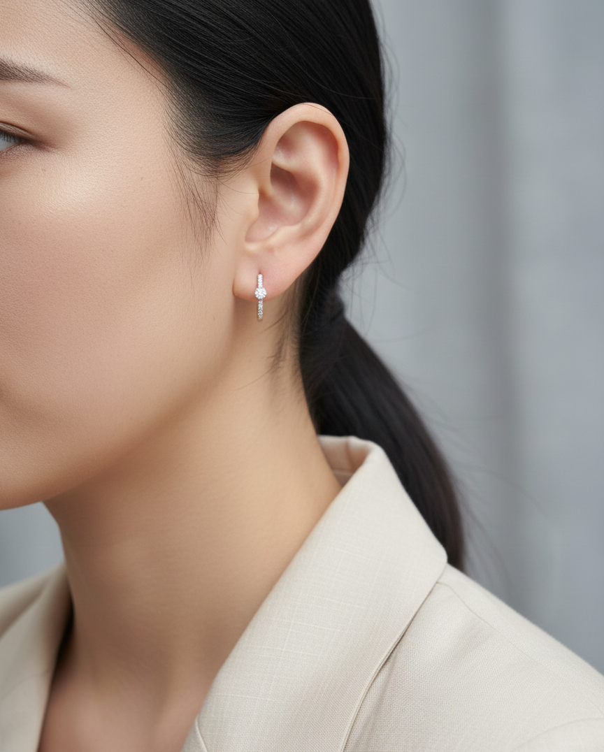 18K white gold diamond hoop earrings with pavé-set natural diamonds, elegant everyday fine jewelry by Emirates Diamonds.