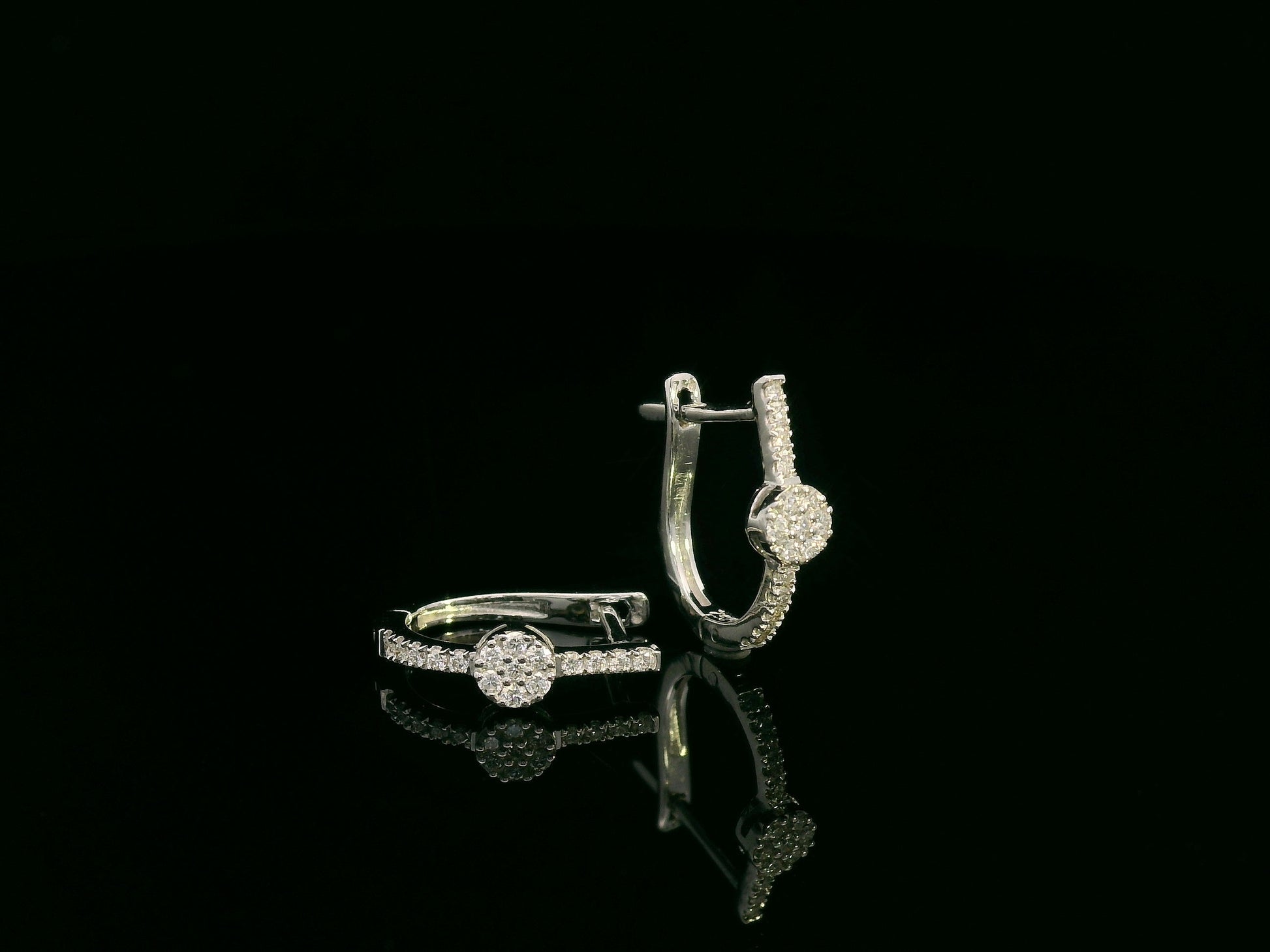18K white gold diamond hoop earrings with pavé-set natural diamonds, elegant everyday fine jewelry by Emirates Diamonds.
