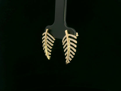 18K yellow gold leaf-shaped stud earrings with pavé diamonds, nature-inspired elegant design