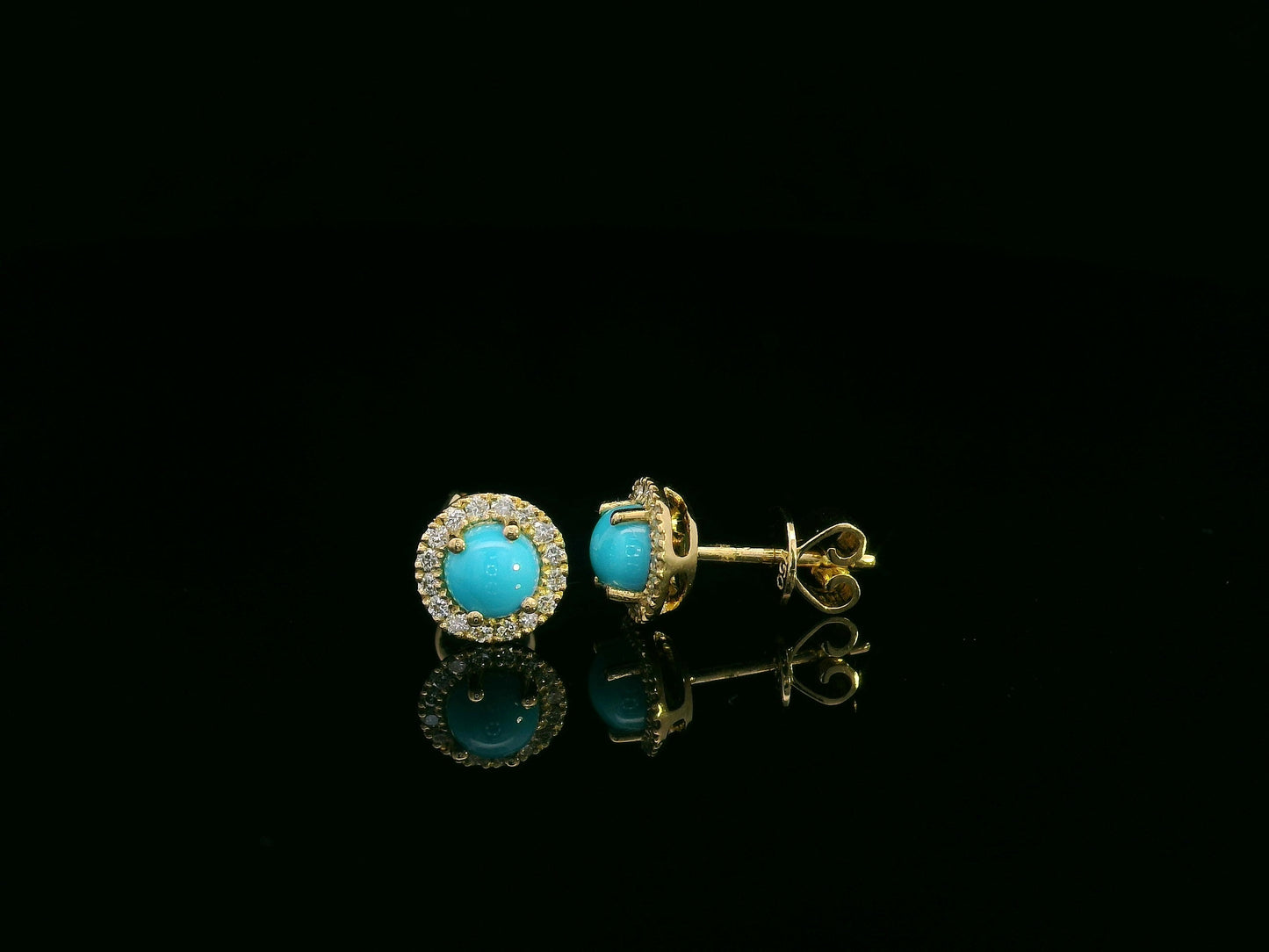 18K yellow gold dainty turquoise and diamond halo stud earrings, 0.55ct turquoise, versatile for multiple ear piercings