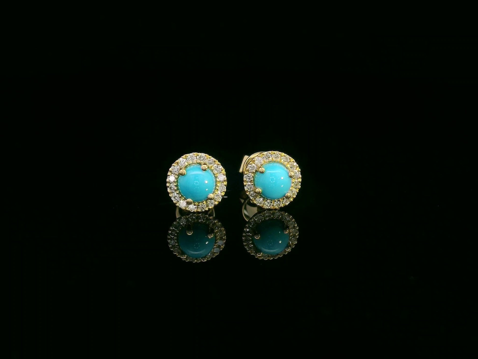 18K yellow gold dainty turquoise and diamond halo stud earrings, 0.55ct turquoise, versatile for multiple ear piercings