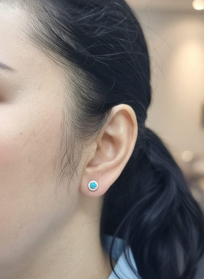 18K Yellow Gold Dainty Turquoise and Diamond Halo Stud Earrings