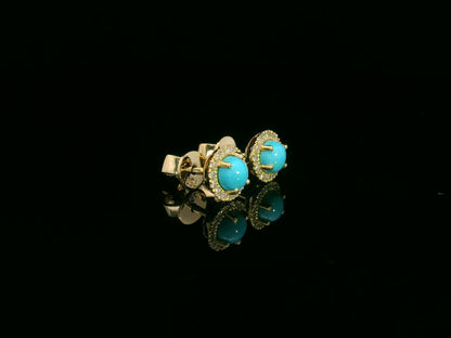 18K yellow gold dainty turquoise and diamond halo stud earrings, 0.55ct turquoise, versatile for multiple ear piercings