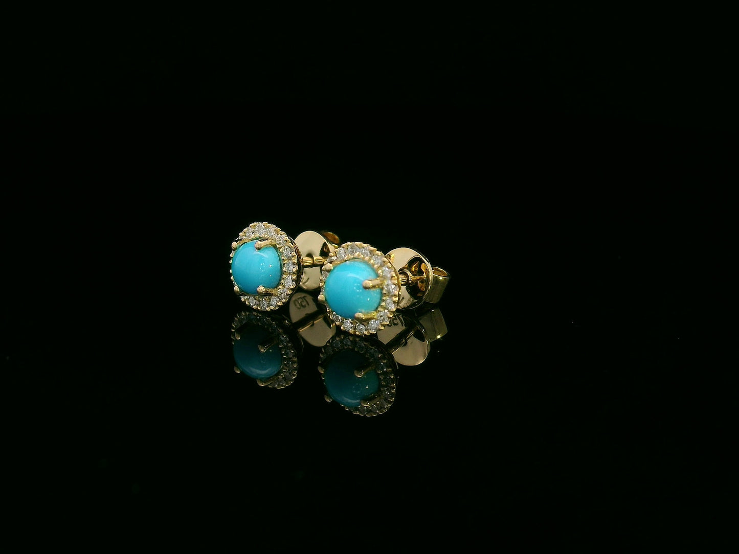 18K yellow gold dainty turquoise and diamond halo stud earrings, 0.55ct turquoise, versatile for multiple ear piercings