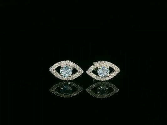 18K white gold evil-eye stud earrings with 0.40ct aquamarine center and 0.23ct pavé diamond halo