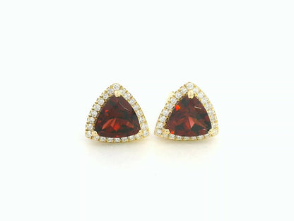 18K yellow gold garnet and diamond halo stud earrings – 2.59ct trillion-cut garnet with 0.23ct diamond halo, fine jewelry by Emirates Diamonds