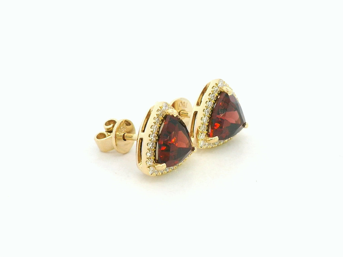 18K yellow gold garnet and diamond halo stud earrings – 2.59ct trillion-cut garnet with 0.23ct diamond halo, fine jewelry by Emirates Diamonds