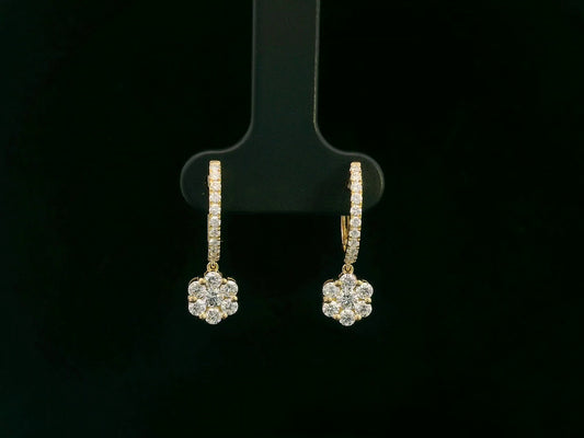 18K yellow gold hoop earrings with pavé-set diamonds and floral diamond drops, total 0.91 carat