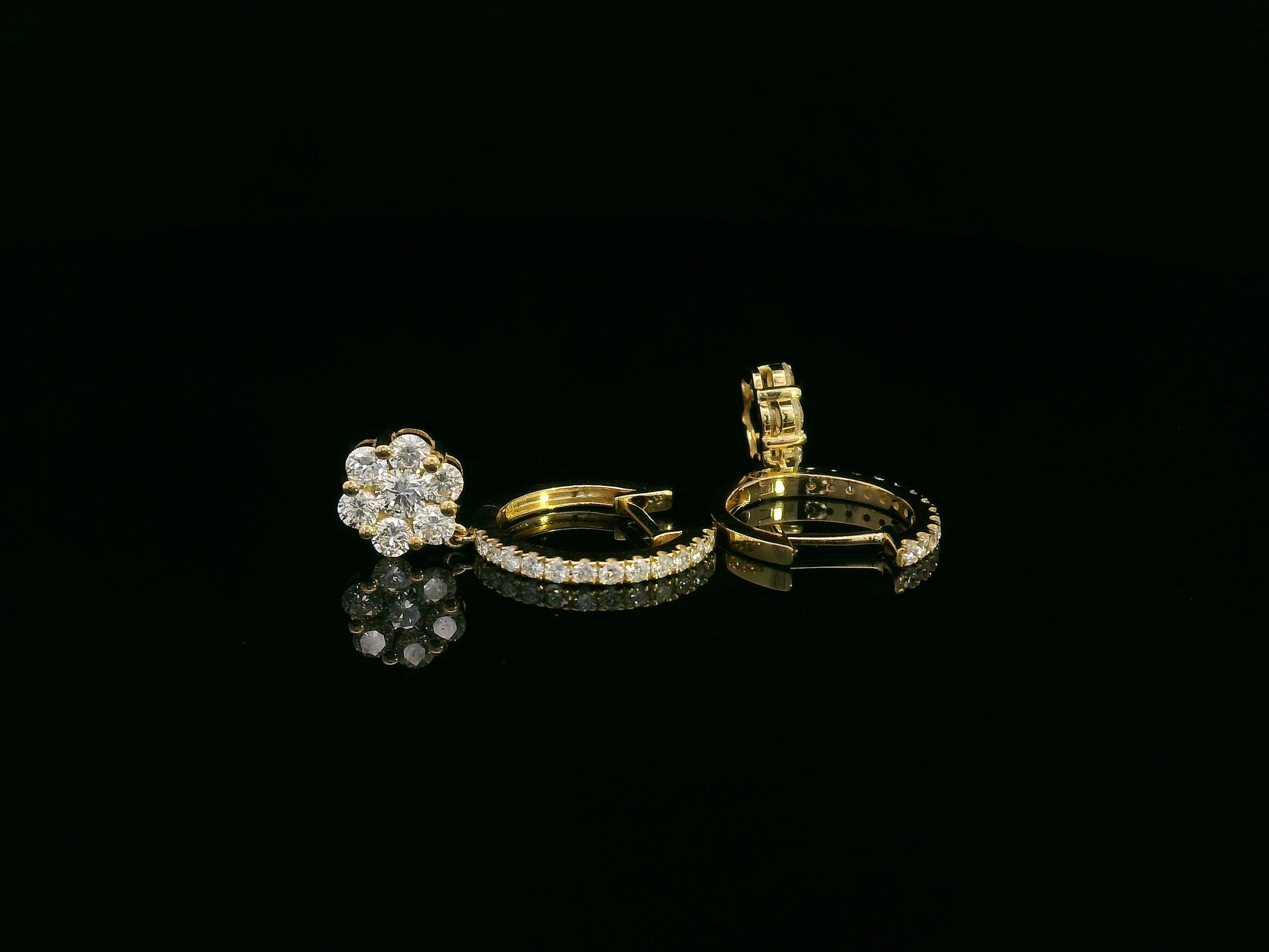 18K yellow gold hoop earrings with pavé-set diamonds and floral diamond drops, total 0.91 carat